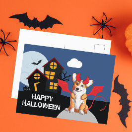 Niedliches Halloween Corgi Devil Kostüm Spuk Haus Postkarte