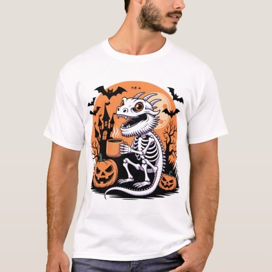 Niedliches Halloween-Drachenskelett mit Kaffee T-Shirt (Vorderseite)