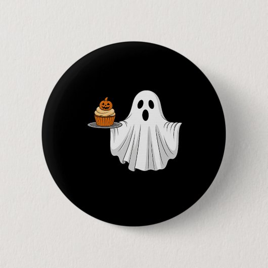Niedliches Halloween Ghost Holding Pumpkin Cupcake Button (Vorderseite)