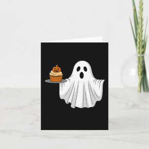 Niedliches Halloween Ghost Holding Pumpkin Cupcake Karte