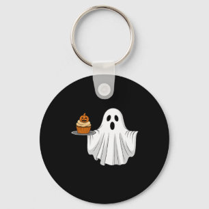 Niedliches Halloween Ghost Holding Pumpkin Cupcake Schlüsselanhänger