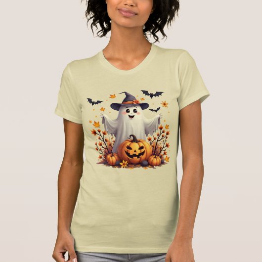 Niedliches Halloween-Ghost mit Hexenhut T-Shirt (Vorderseite)