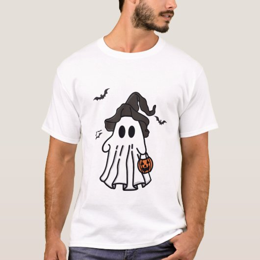 Niedliches Halloween-Ghost mit Hexenhut und Kürbis T-Shirt (Vorderseite)