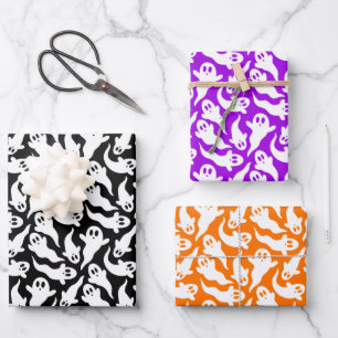 Niedliches Halloween Ghost Pattern Orange Black Li Geschenkpapier Set