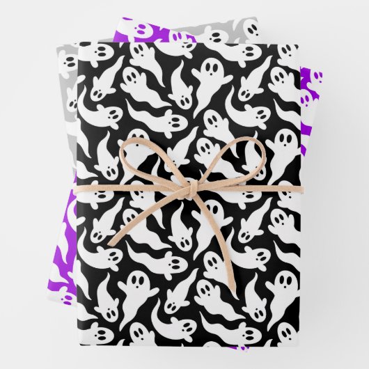 Niedliches Halloween Ghost Pattern Schwarz Grau Li Geschenkpapier Set (Beispiel)