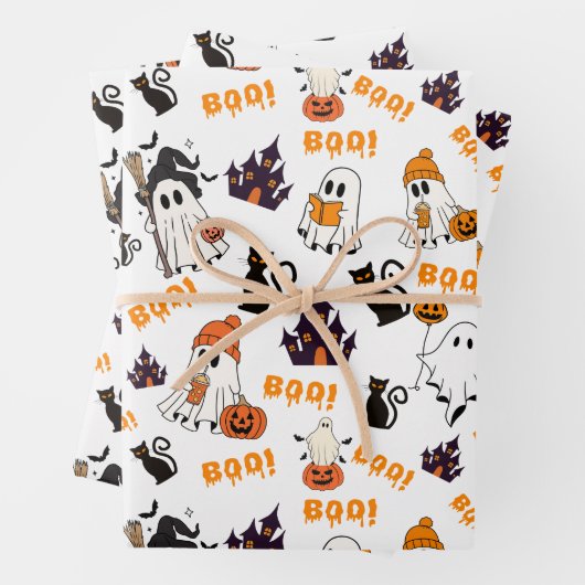 Niedliches Halloween Ghost Pattern - Spooky Black Geschenkpapier Set (Beispiel)