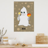 Niedliches Halloween Ghost & Pumpkin auf Beige Poster (Küche)