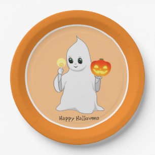 Niedliches Halloween-Ghost & Pumpkin auf Orange Pappteller