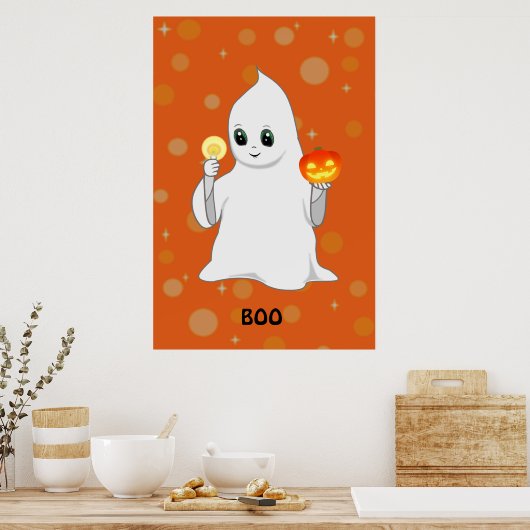 Niedliches Halloween-Ghost & Pumpkin auf Orange Poster (Küche)
