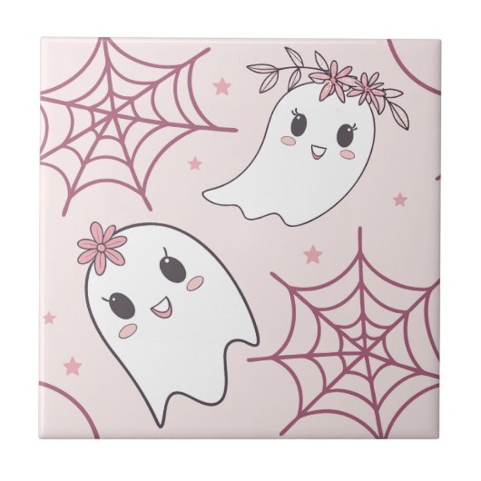 Niedliches Halloween Ghost & Spiderweb Muster (2) Fliese (Vorderseite)