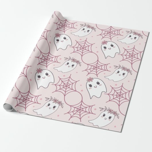 Niedliches Halloween Ghost & Spiderweb Muster (2) Geschenkpapier (Ungerollt)