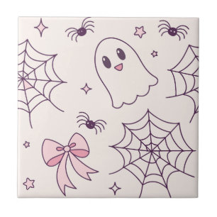 Niedliches Halloween Ghost & Spiderweb Muster Fliese