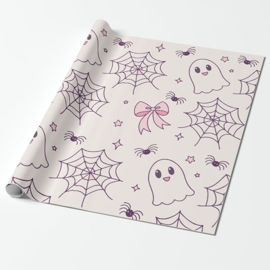 Niedliches Halloween Ghost & Spiderweb Muster Geschenkpapier (Ungerollt)