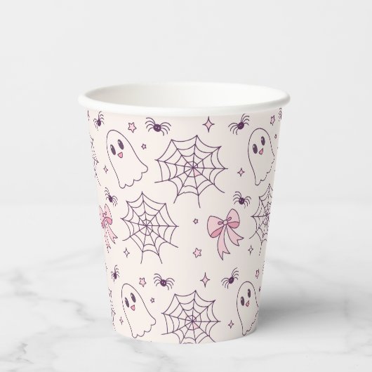 Niedliches Halloween Ghost & Spiderweb Muster Pappbecher (Vorderseite)