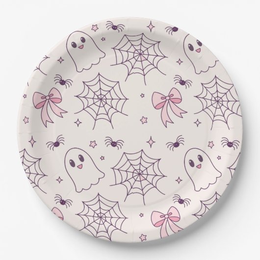 Niedliches Halloween Ghost & Spiderweb Muster Pappteller (Vorderseite)