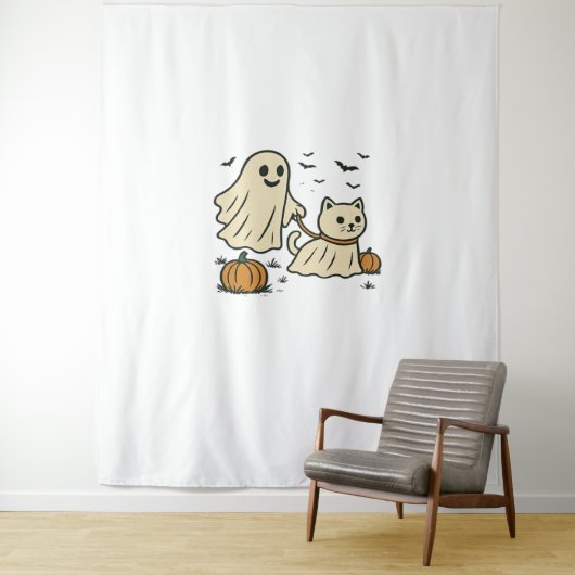 Niedliches Halloween Ghost Walking Ghost Cat Class Wandteppich (Beispiel)