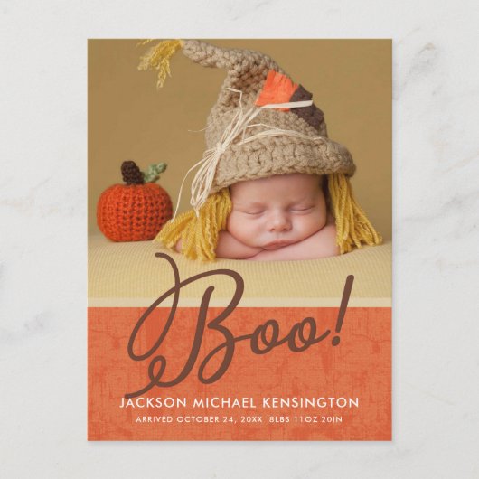Niedliches Halloween Herbst Baby Birth Foto Ankündigungspostkarte (Vorderseite)
