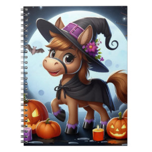 Niedliches Halloween-/Herbstpferd, Fledermaus und Notizblock