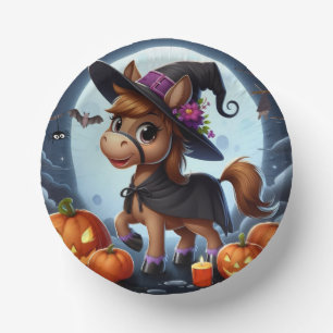 Niedliches Halloween-/Herbstpferd, Fledermaus und Pappteller
