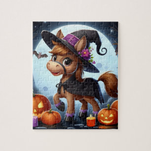 Niedliches Halloween-/Herbstpferd, Fledermaus und Puzzle