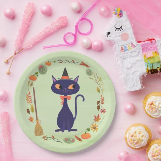 Niedliches Halloween Hexenkatze Green Pappteller (Party)
