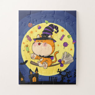 Niedliches Halloween Hexenkatze Jigsaw Puzzle