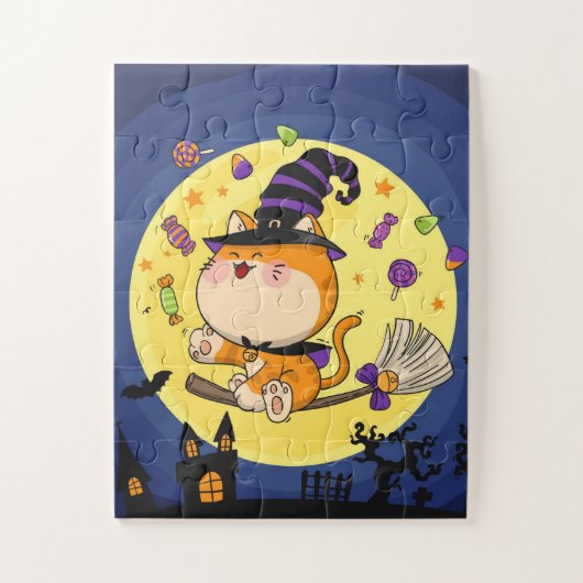 Niedliches Halloween Hexenkatze Jigsaw Puzzle (Vertikal)