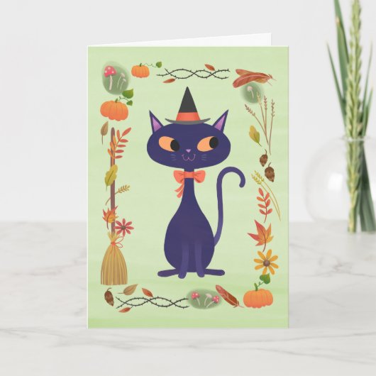 Niedliches Halloween Hexenkatze Karte (Vorderseite)