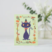 Niedliches Halloween Hexenkatze Postkarte (Stehend Vorderseite)