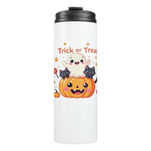 Niedliches Halloween - Kawaii Ghost und Black Cats Thermosbecher (Vorderseite)
