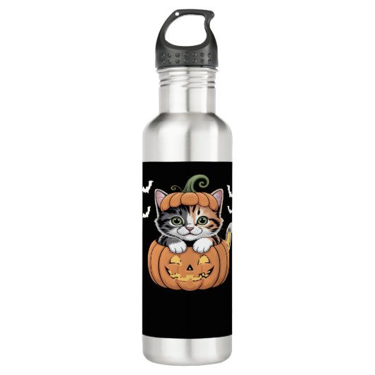Niedliches Halloween Kitten in einem Kürbisklassis Edelstahlflasche (Vorderseite)