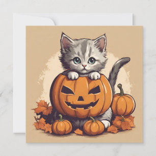 Niedliches Halloween Kitten und Jack-O' Lantern Karte