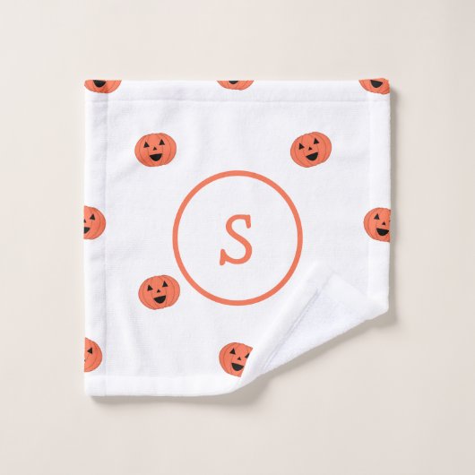 Niedliches Halloween-Kürbismuster Monogramm Weiß Badhandtuch Set (Waschlappen)