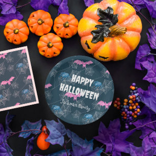 Niedliches Halloween mit Fledermäusen und Spinnen Pappteller