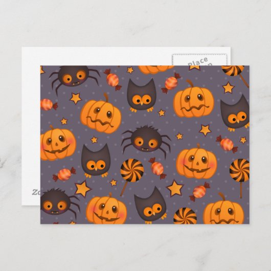 Niedliches Halloween-Muster Lila Hintergrund Postkarte (Vorne/Hinten)