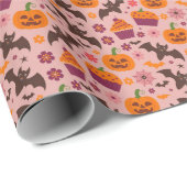 Niedliches Halloween-Muster | Rosa und Orange Fest Geschenkpapier (Rolleneckpunkt)