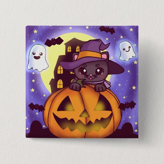 Niedliches Halloween-Oktober Hexenkatze Button (Vorderseite)