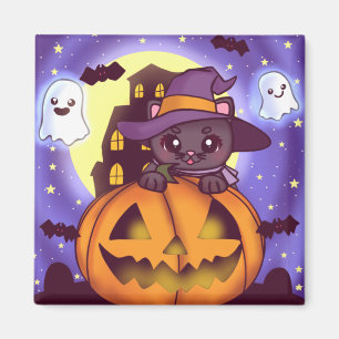 Niedliches Halloween-Oktober Hexenkatze Magnet