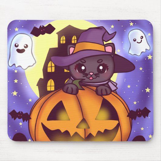 Niedliches Halloween-Oktober Hexenkatze Mousepad (Vorne)