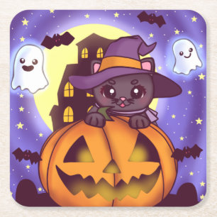 Niedliches Halloween-Oktober Hexenkatze Rechteckiger Pappuntersetzer