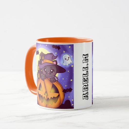 Niedliches Halloween-Oktober Hexenkatze Tasse (Vorderseite Links)