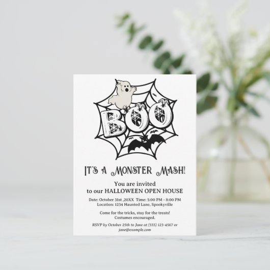 Niedliches Halloween Open House Einladung Postkart (Stehend Vorderseite)