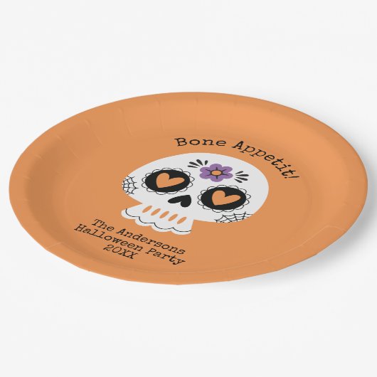 Niedliches Halloween-Party Zuckerschädel Pappteller (Schrägansicht)