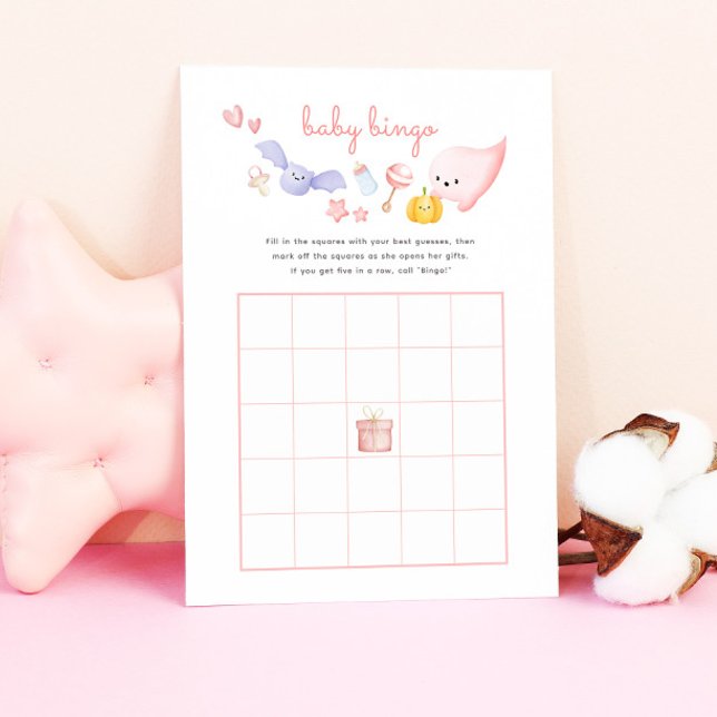 Niedliches Halloween Pink Ghost Baby Dusche Bingo  (pink baby shower bingo game with cute ghost and halloween illustrations)