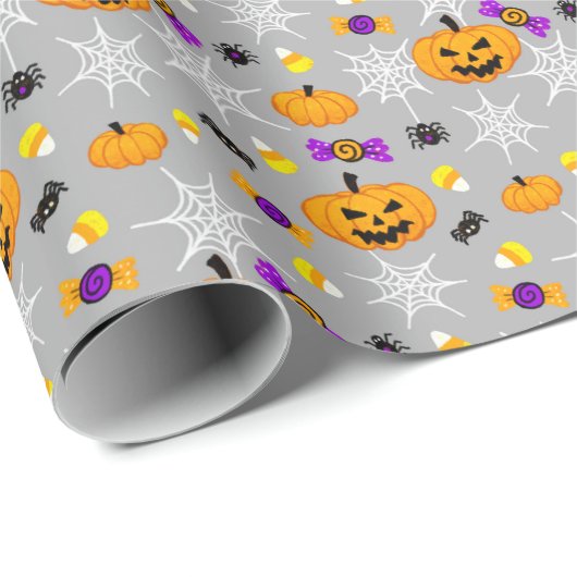 Niedliches Halloween Pumpkins und Spiders Pattern Geschenkpapier (Rolleneckpunkt)