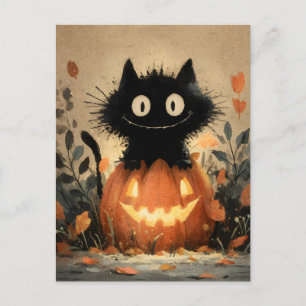 Niedliches Halloween-Schwarze Katze auf einem Jack Feiertagspostkarte