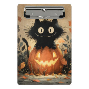 Niedliches Halloween-Schwarze Katze auf einem Jack Mini Klemmbrett