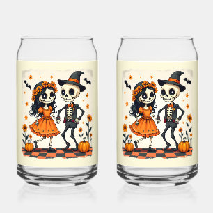 Niedliches Halloween Skeleton-Paar in Orange Dosenglas