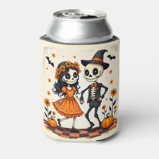 Niedliches Halloween Skeleton-Paar in Orange Dosenkühler (Kanne Rückseite)