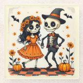 Niedliches Halloween Skeleton-Paar in Orange Glasuntersetzer (Vorderseite)